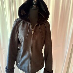 Harley Davidson Womens Large Black Full Zip Faux Suede Hooded Motorcycle Jacket